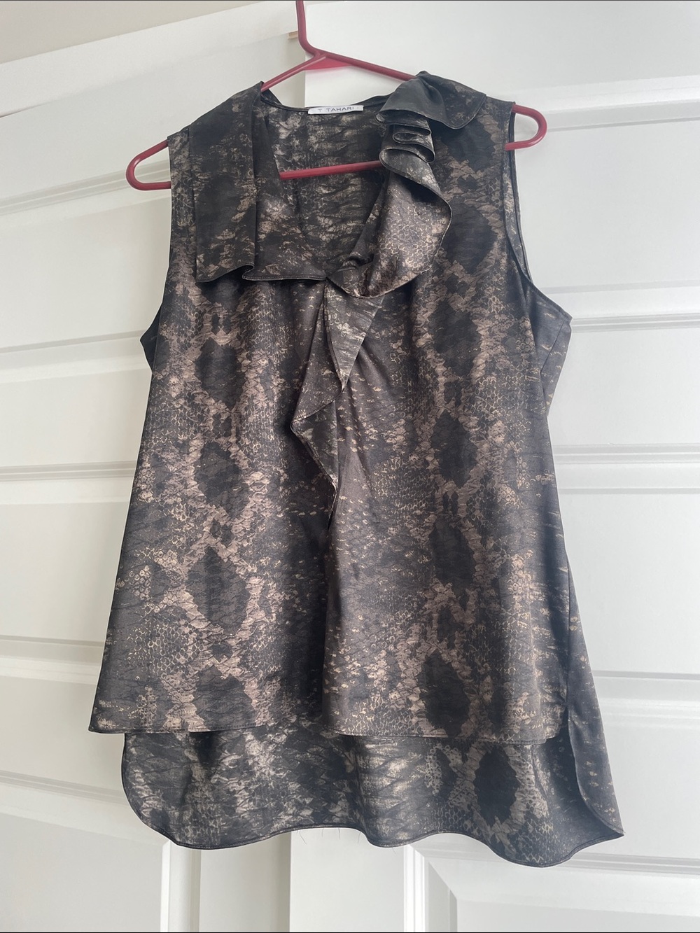 T Tahari Black and Taupe Snake-Print Ruffle Camisole